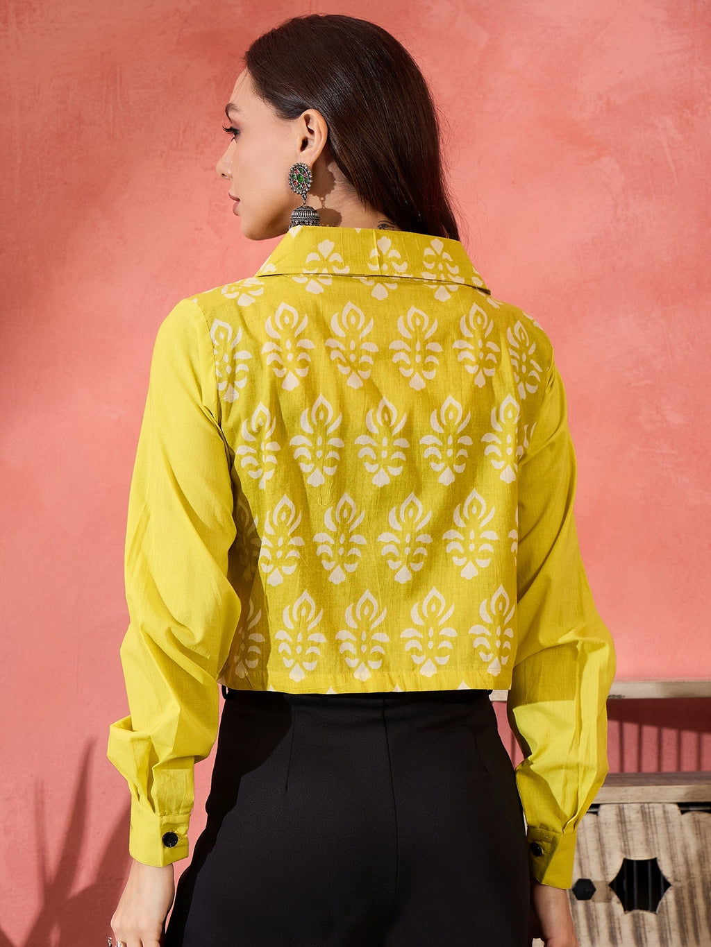 InWeave Lemon Yellow Block Print Pocket Jacket | Grocsy