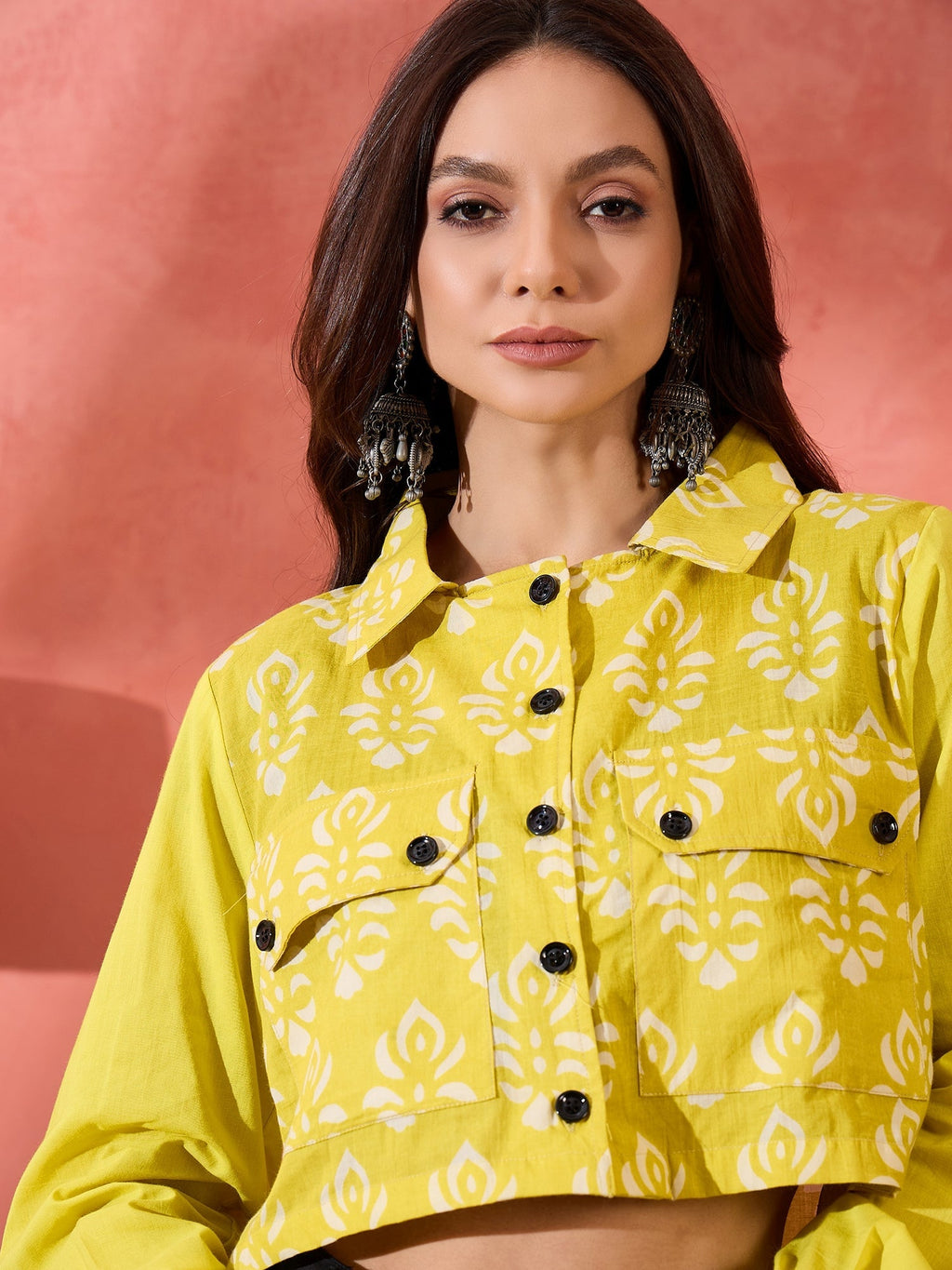 InWeave Lemon Yellow Block Print Pocket Jacket | Grocsy