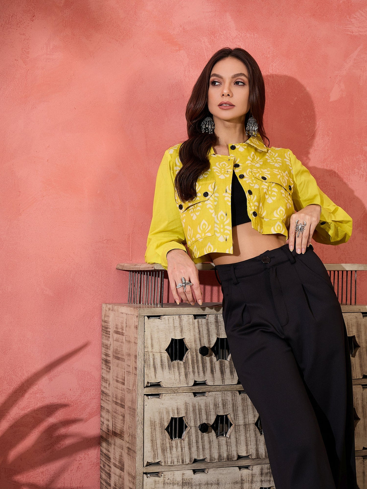 InWeave Lemon Yellow Block Print Pocket Jacket | Grocsy