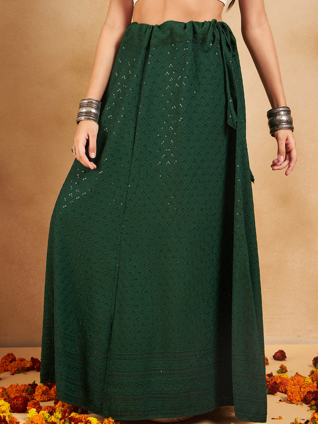 InWeave Green Chikankari Skirt | Grocsy