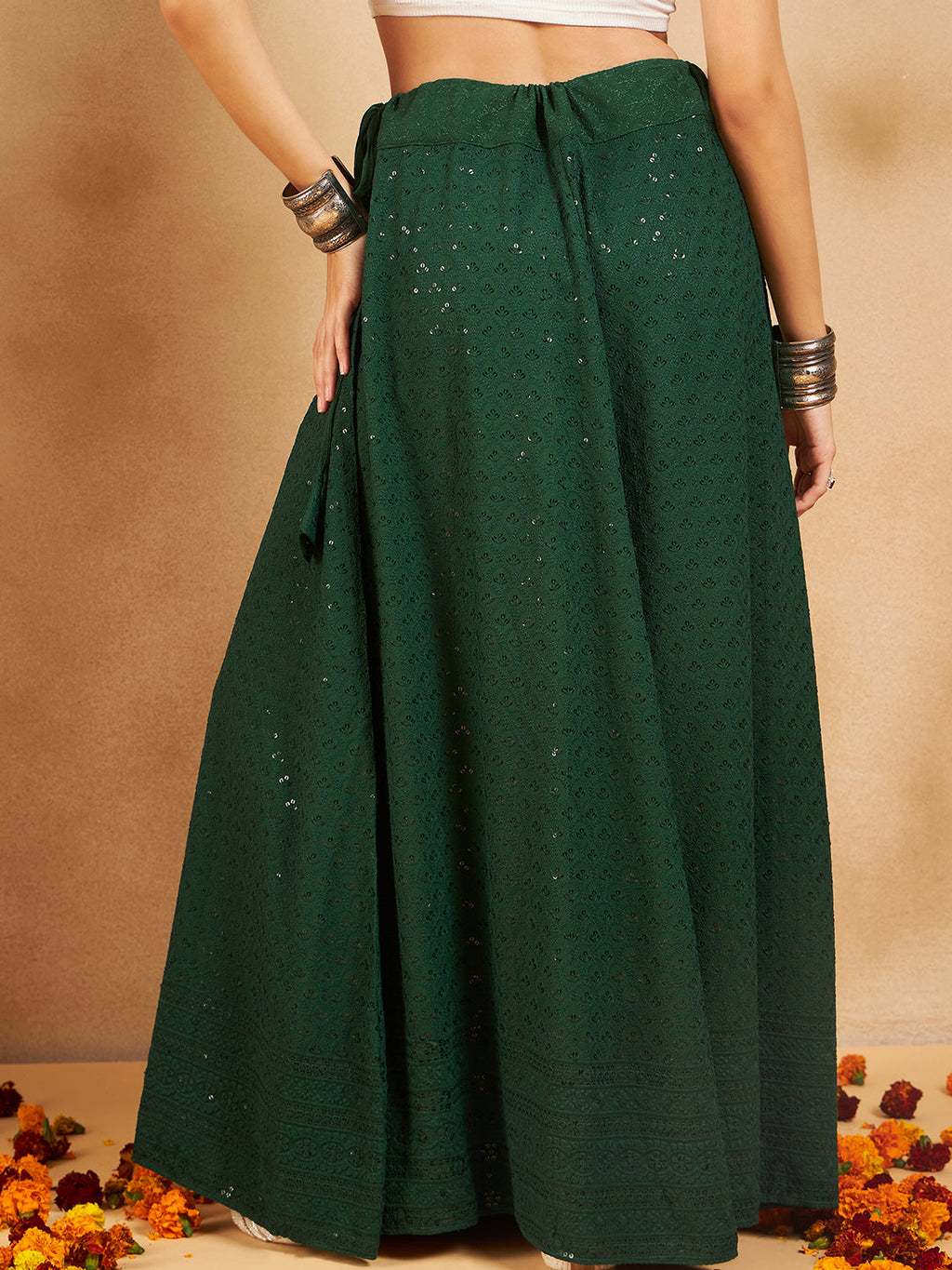 InWeave Green Chikankari Skirt | Grocsy