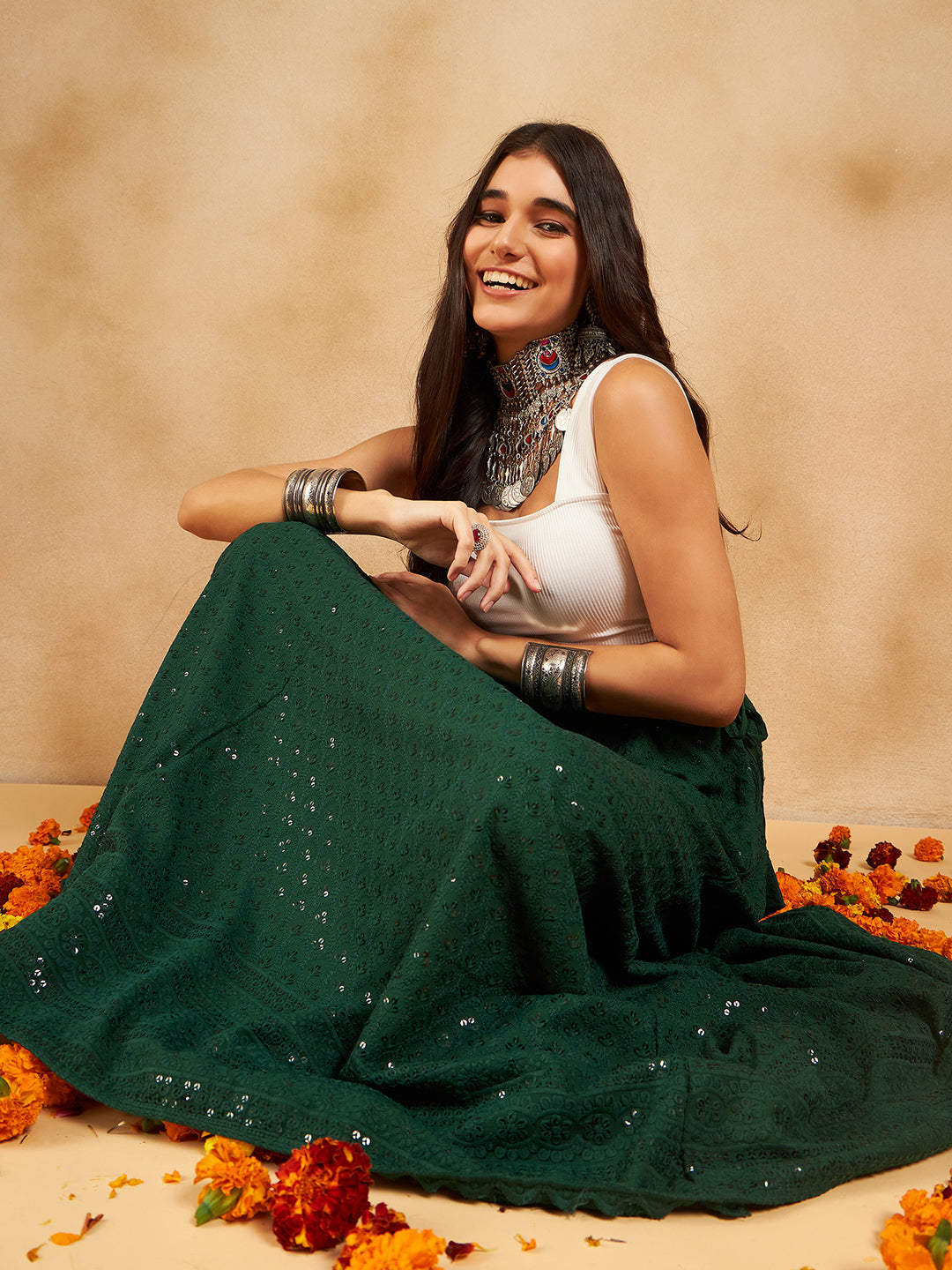 InWeave Green Chikankari Skirt | Grocsy