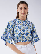 InWeave Cerulean Blue Bell Sleeves Crop Top | Grocsy
