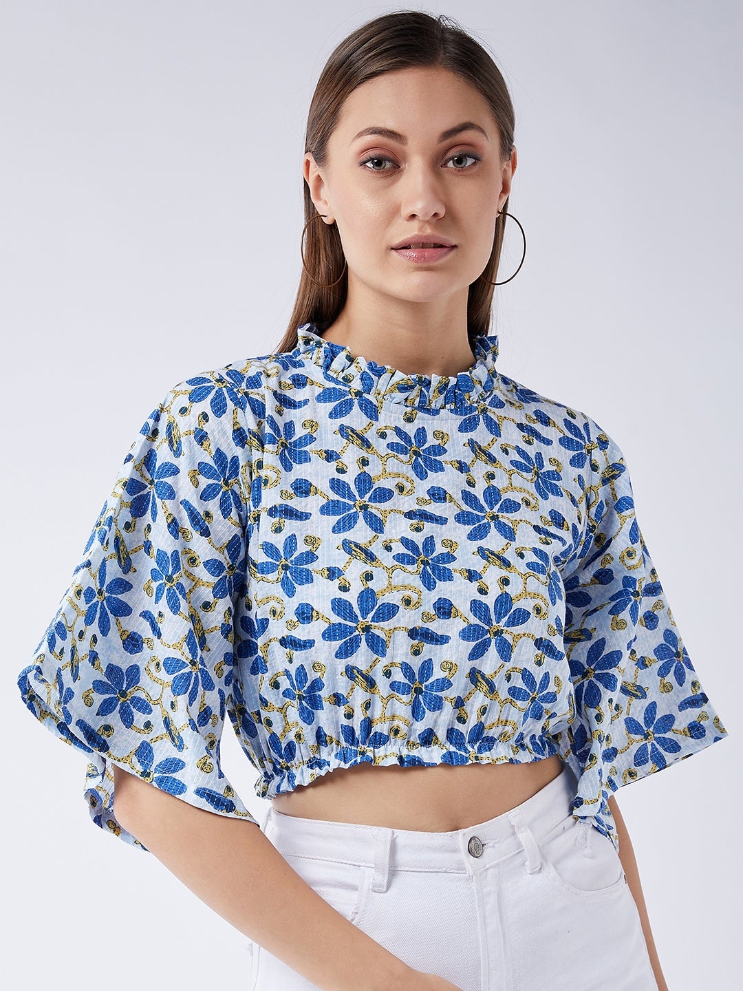 InWeave Cerulean Blue Bell Sleeves Crop Top | Grocsy