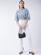 InWeave Cerulean Blue Bell Sleeves Crop Top | Grocsy