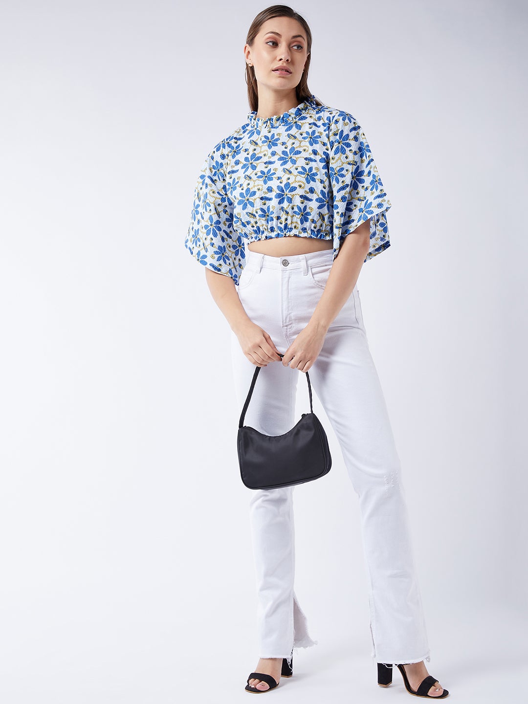 InWeave Cerulean Blue Bell Sleeves Crop Top | Grocsy