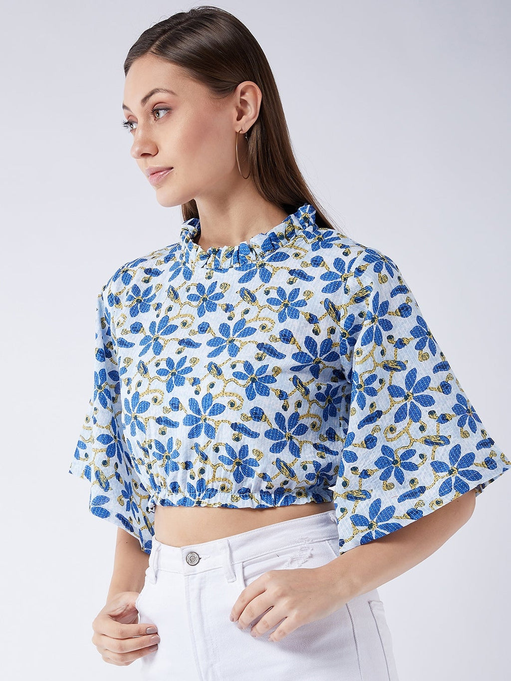 InWeave Cerulean Blue Bell Sleeves Crop Top | Grocsy