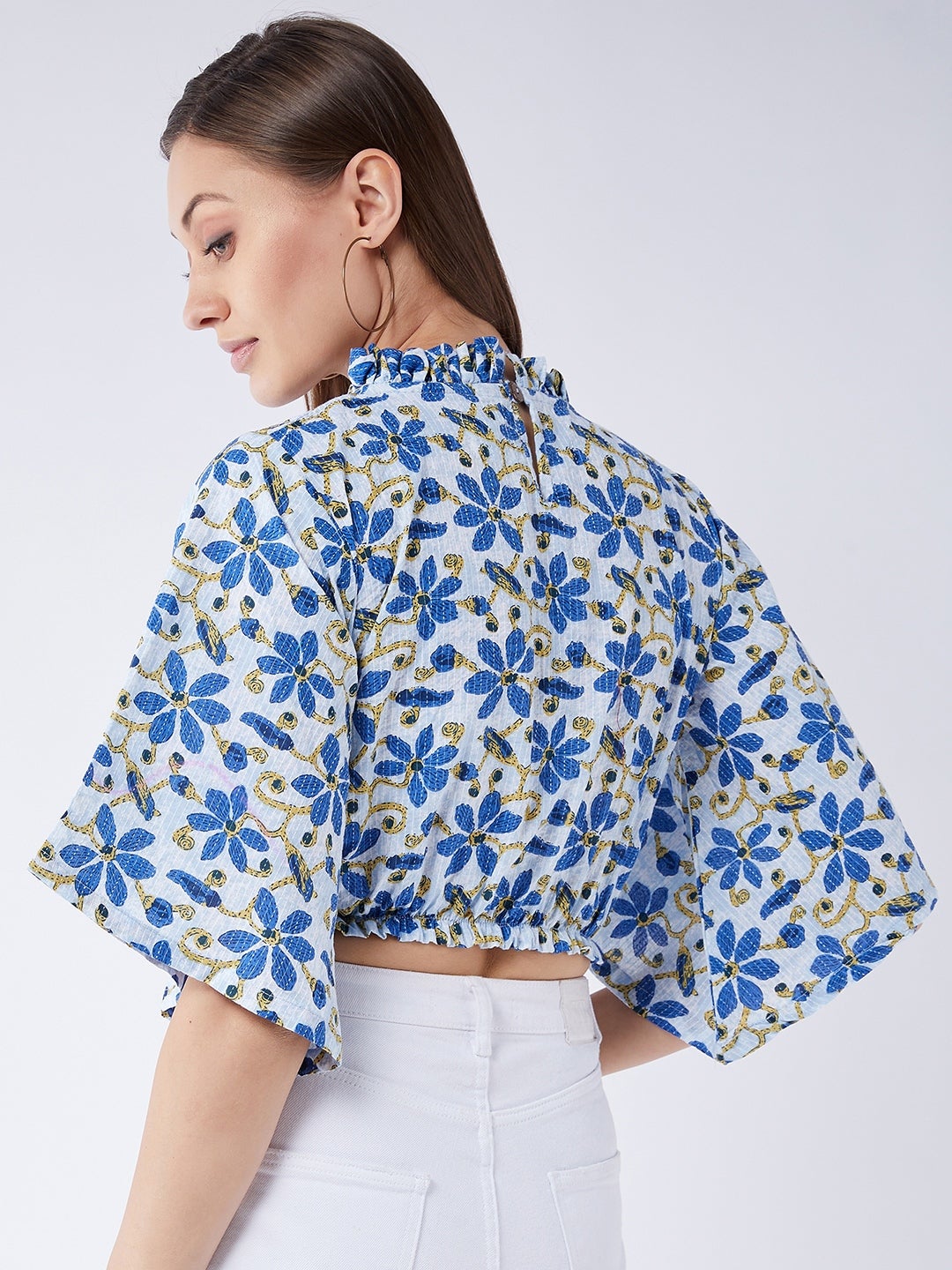 InWeave Cerulean Blue Bell Sleeves Crop Top | Grocsy