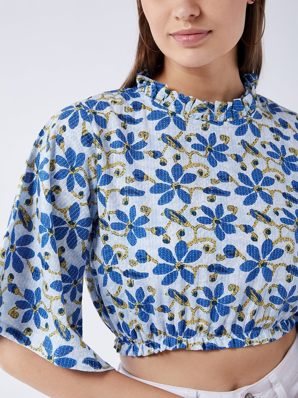 InWeave Cerulean Blue Bell Sleeves Crop Top | Grocsy