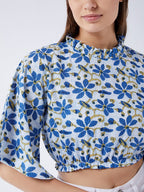 InWeave Cerulean Blue Bell Sleeves Crop Top | Grocsy