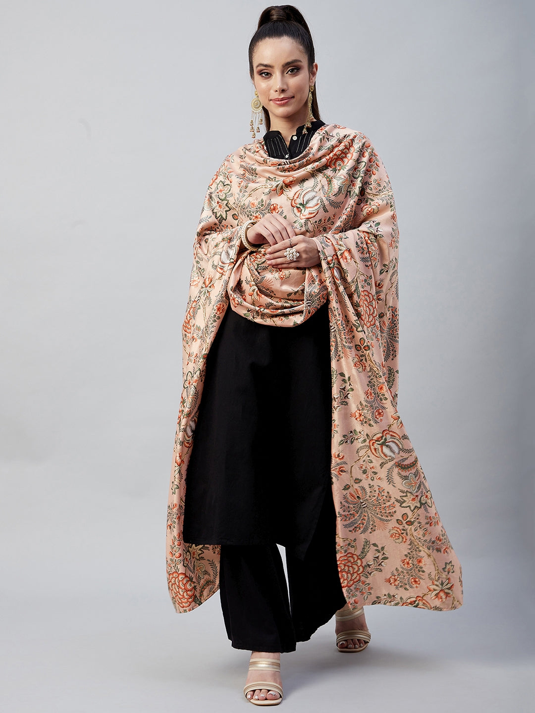 InWeave Peach Printed Velvet Shawl | Grocsy
