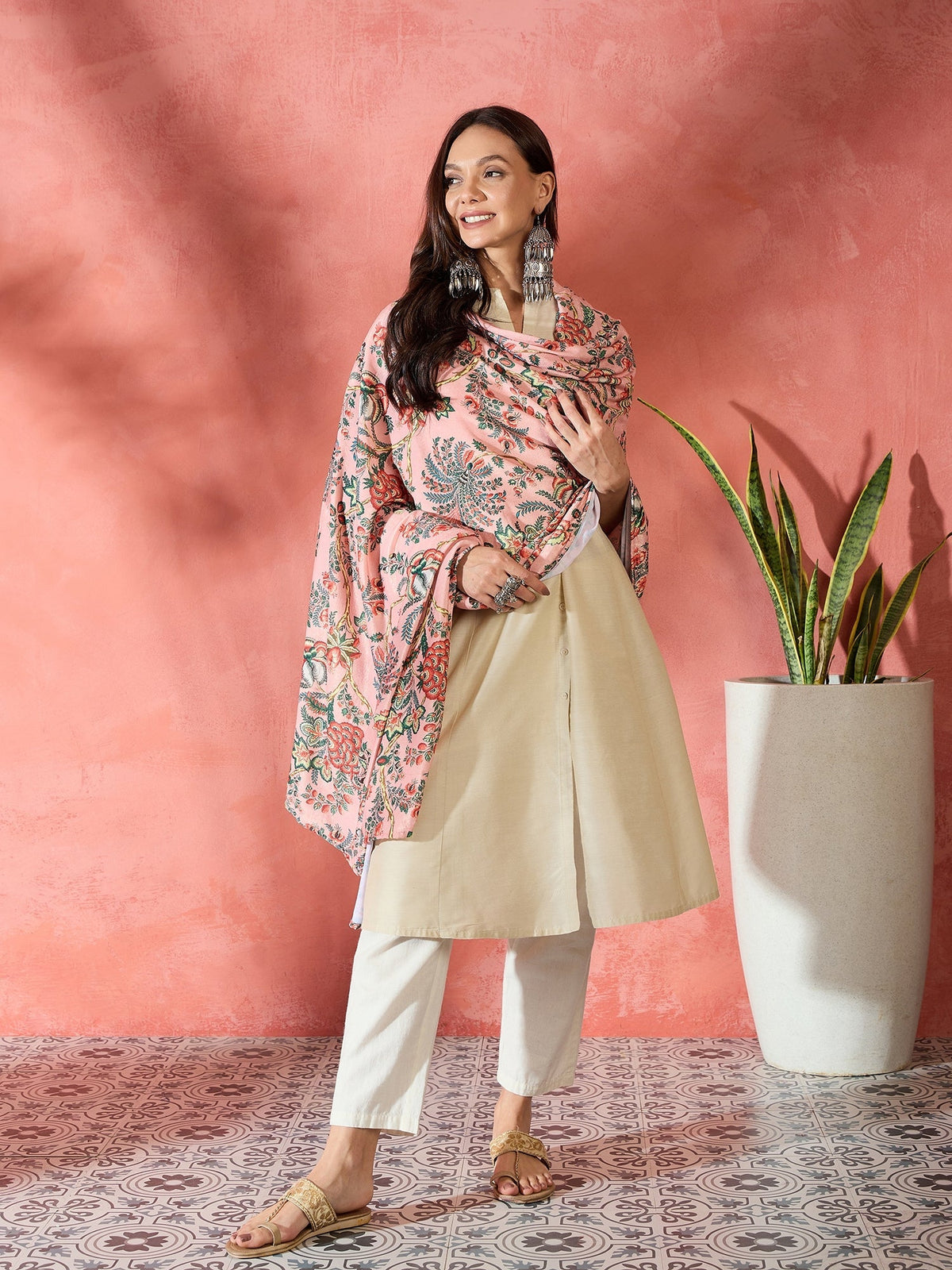 InWeave Peach Printed Velvet Shawl | Grocsy