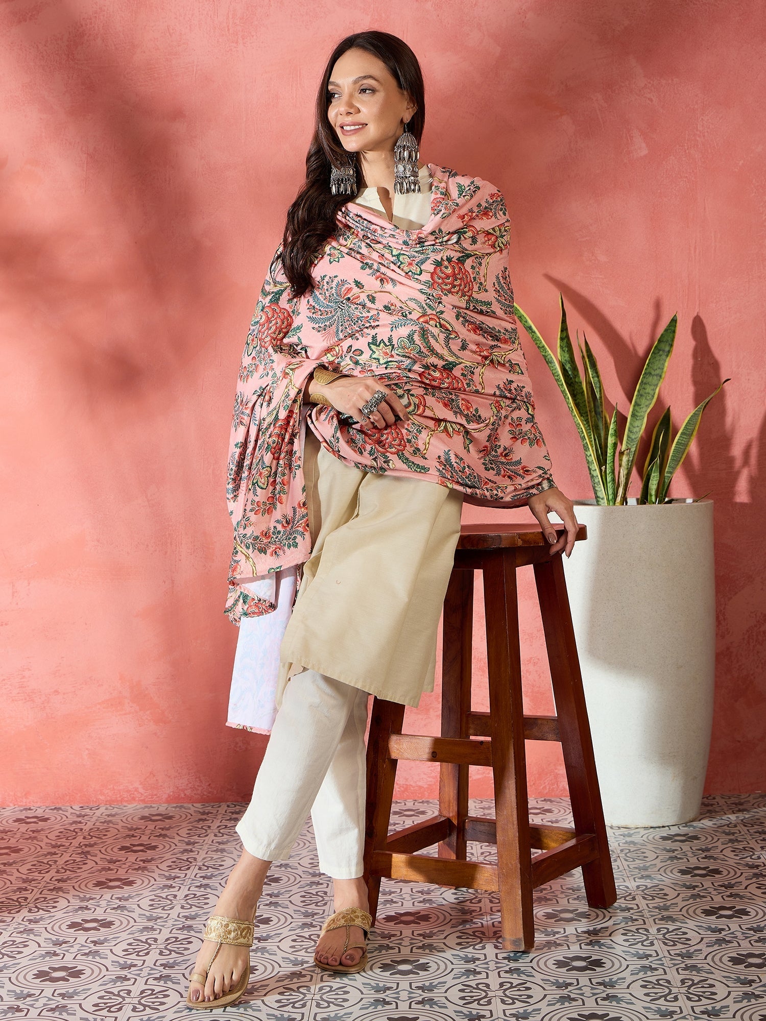 InWeave Peach Printed Velvet Shawl | Grocsy