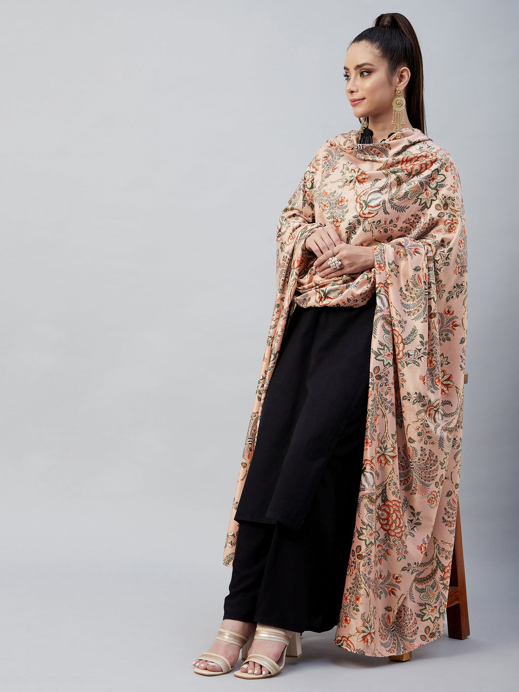 InWeave Peach Printed Velvet Shawl | Grocsy