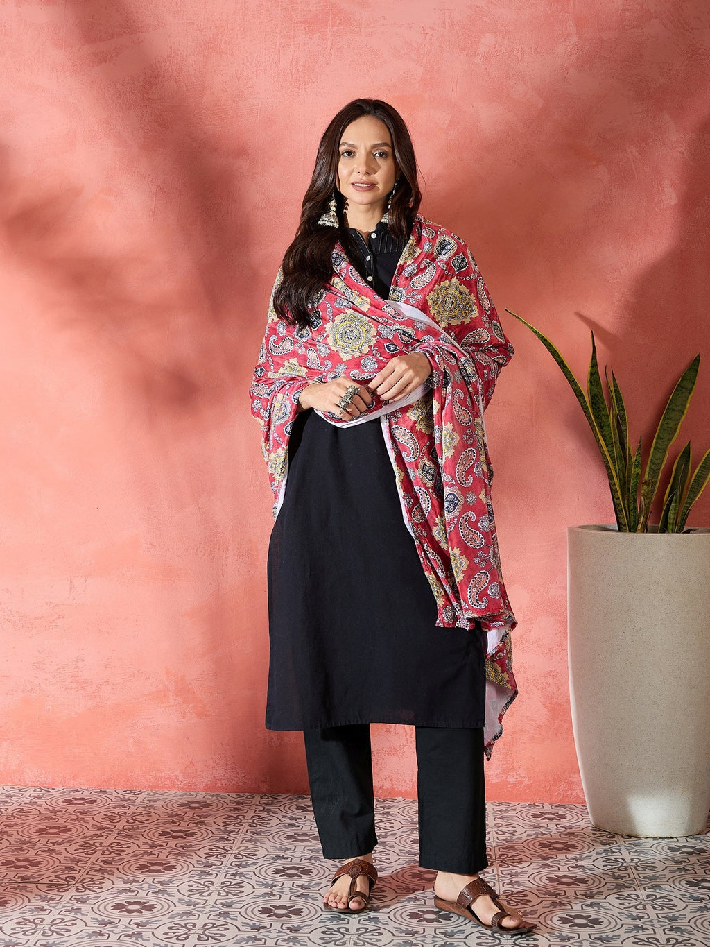 InWeave Red Printed Velvet Shawl | Grocsy