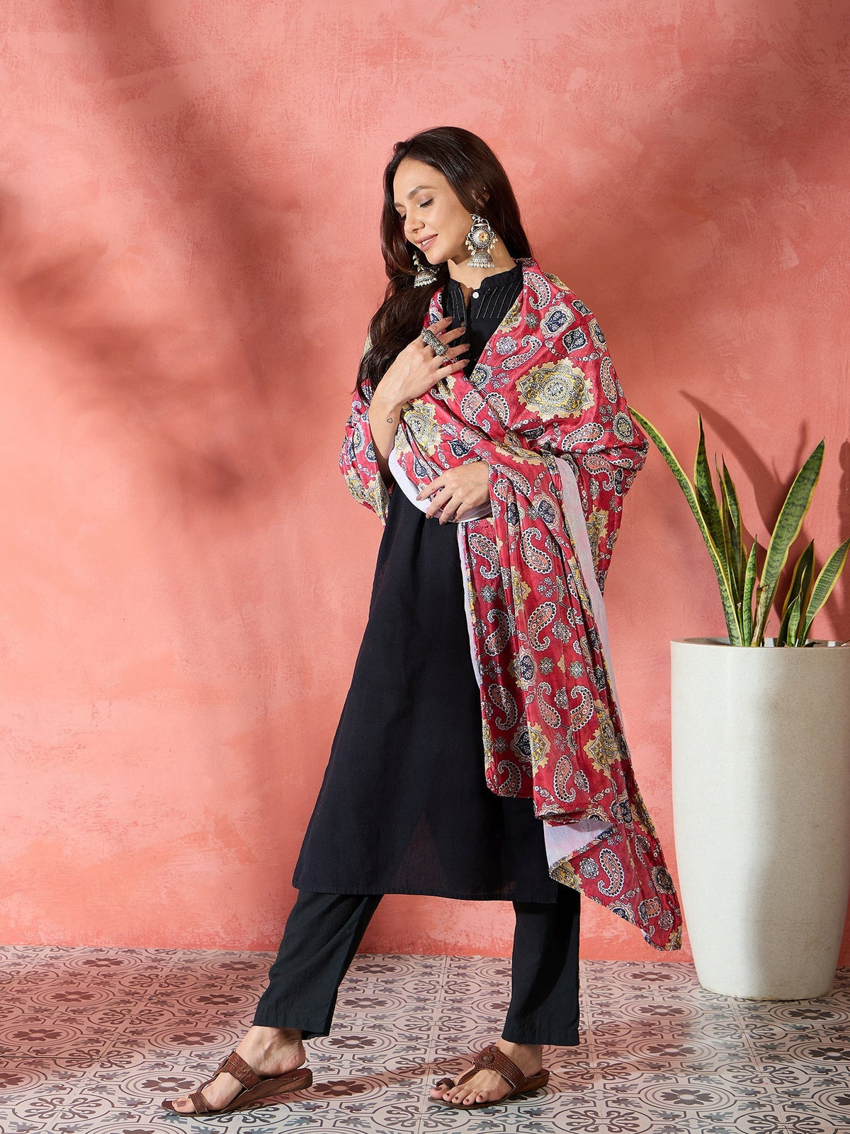 InWeave Red Printed Velvet Shawl | Grocsy