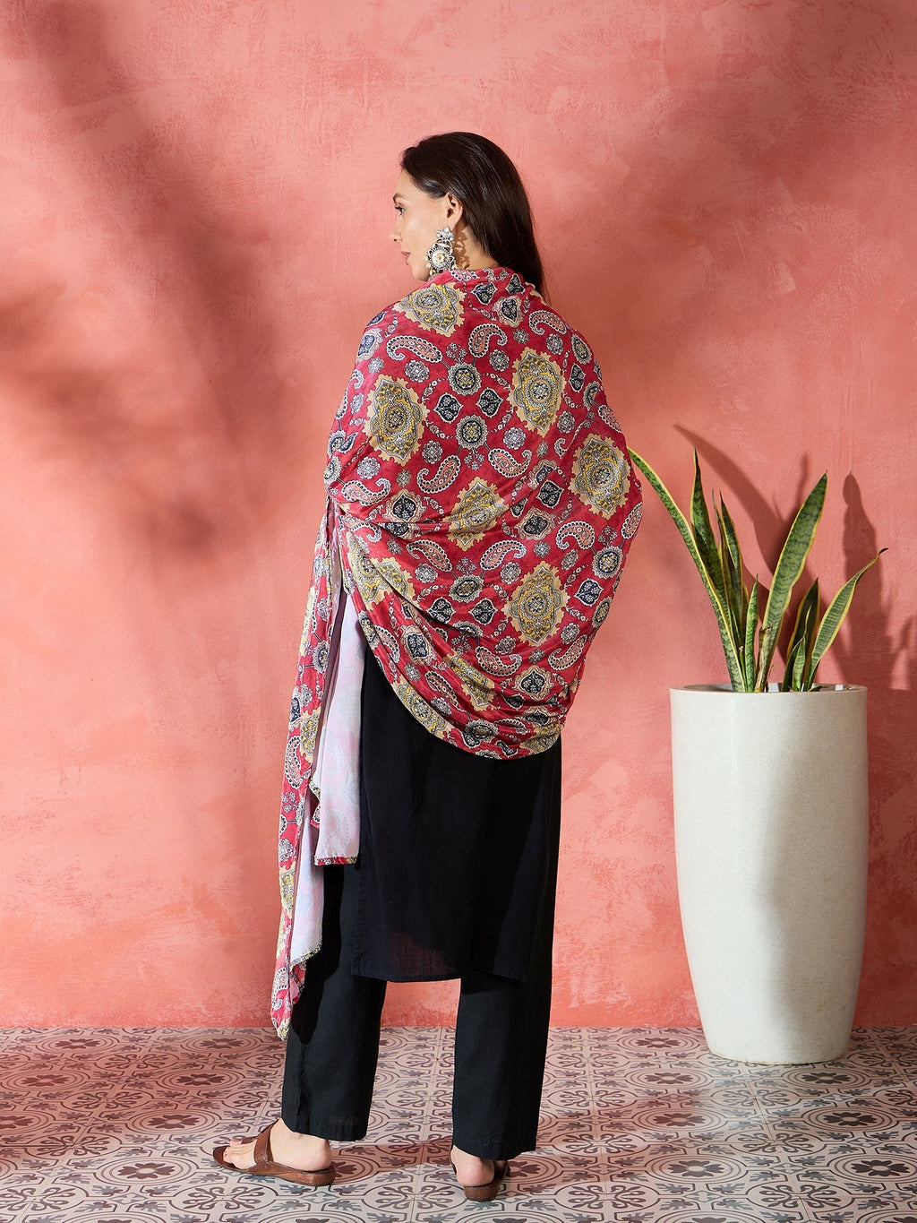 InWeave Red Printed Velvet Shawl | Grocsy