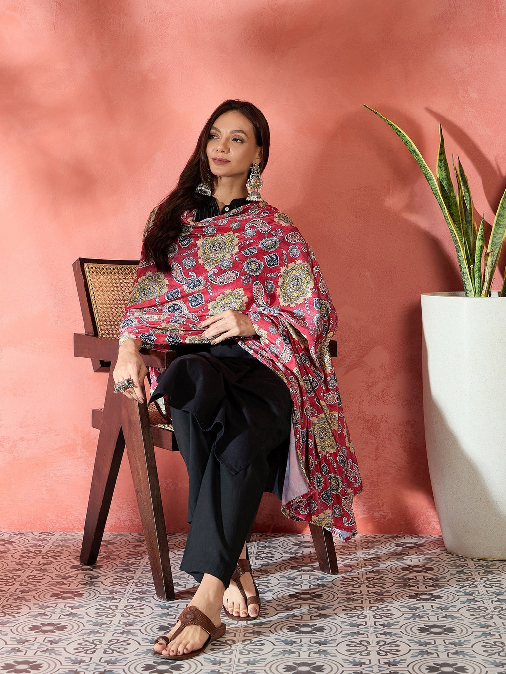 InWeave Red Printed Velvet Shawl | Grocsy