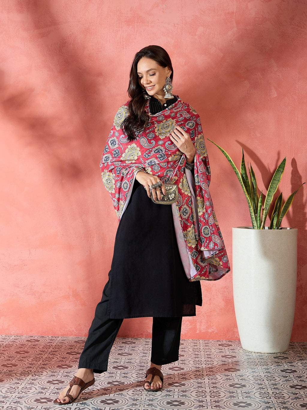 InWeave Red Printed Velvet Shawl | Grocsy