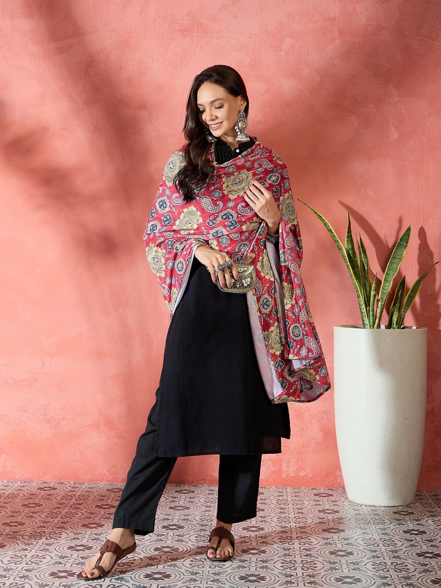 InWeave Red Printed Velvet Shawl | Grocsy