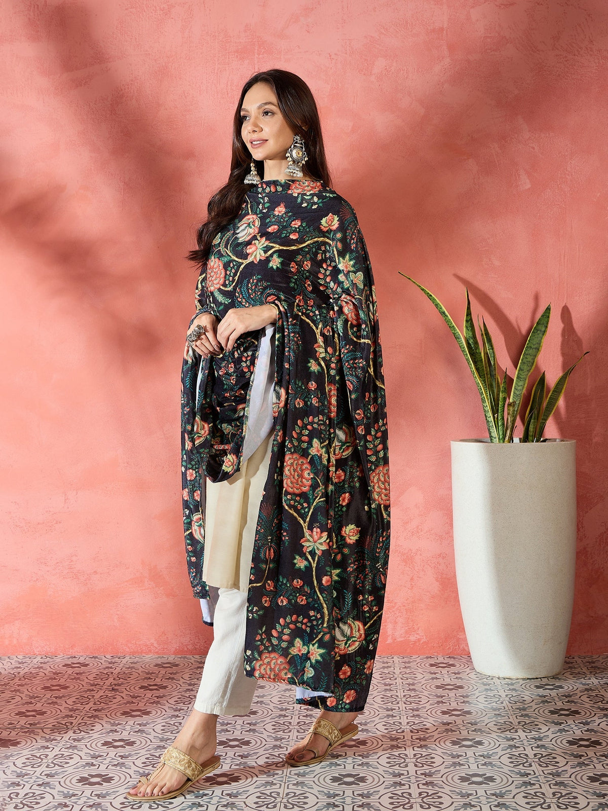InWeave Black Printed Velvet Shawl | Grocsy