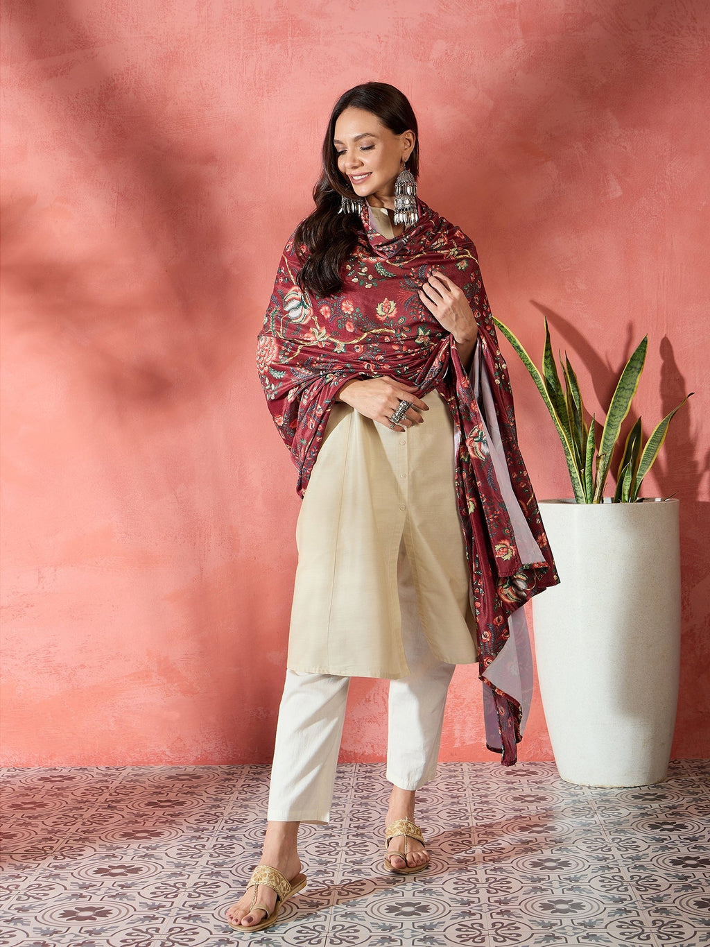 InWeave Maroon Printed Velvet Shawl | Grocsy