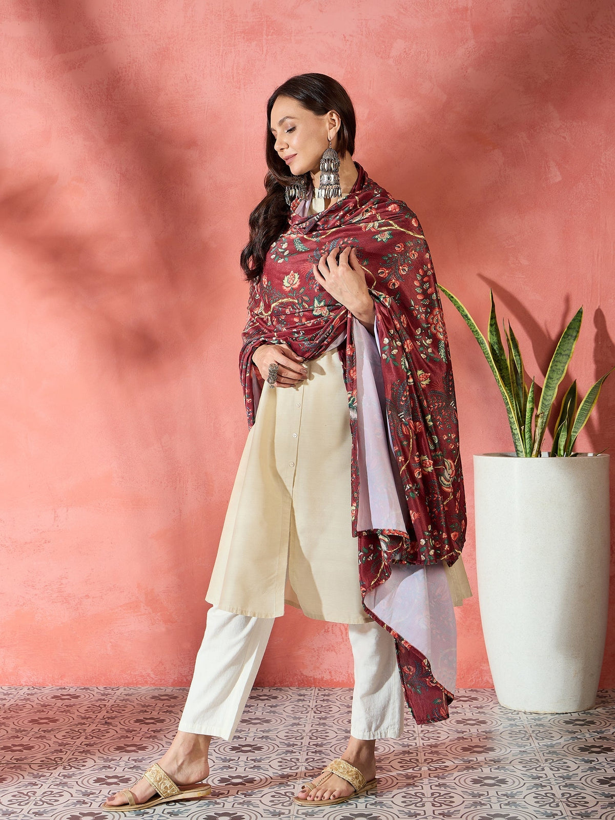 InWeave Maroon Printed Velvet Shawl | Grocsy