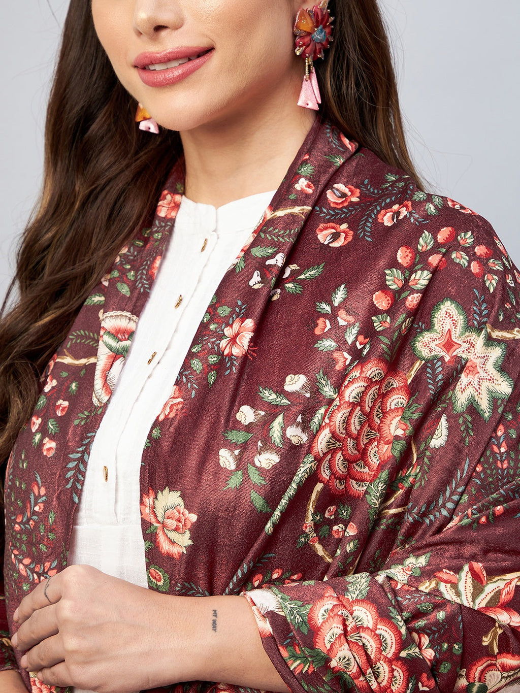 InWeave Maroon Printed Velvet Shawl | Grocsy