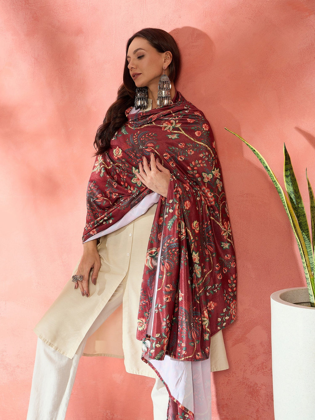 InWeave Maroon Printed Velvet Shawl | Grocsy