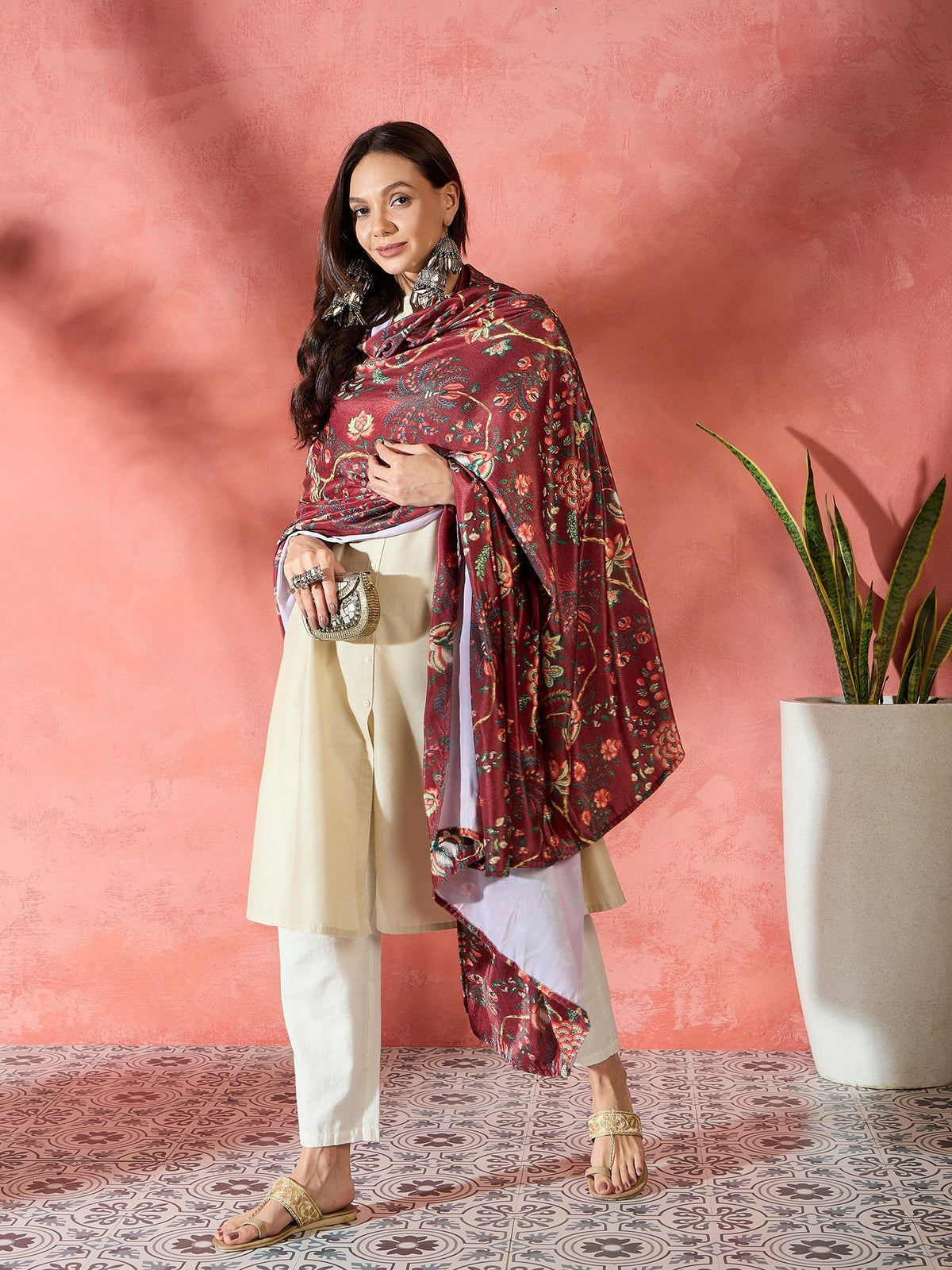 InWeave Maroon Printed Velvet Shawl | Grocsy