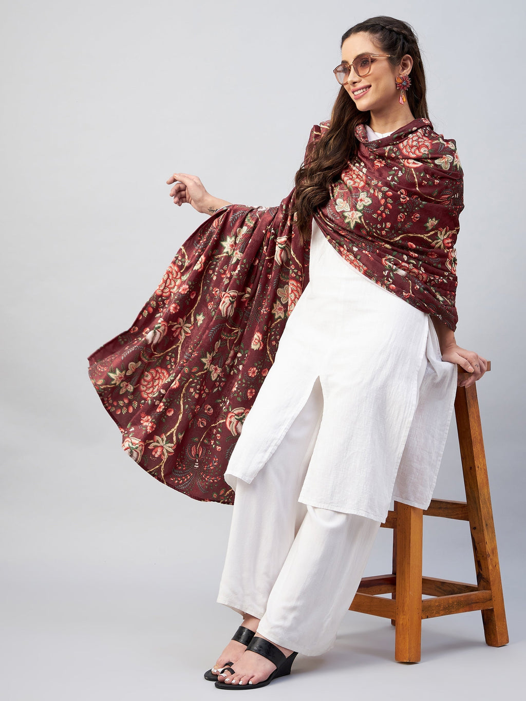 InWeave Maroon Printed Velvet Shawl | Grocsy