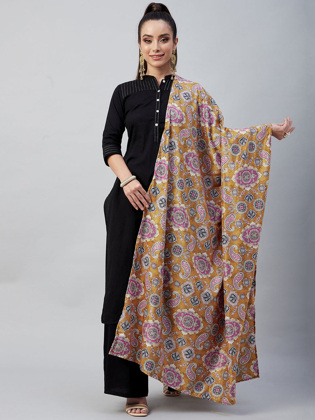 InWeave Yellow Printed Velvet Shawl | Grocsy