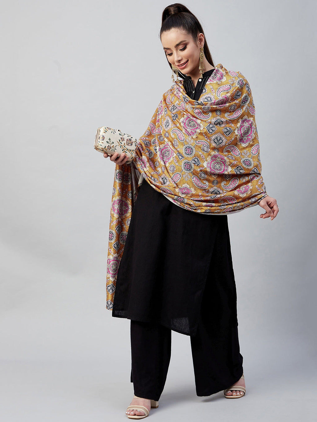 InWeave Yellow Printed Velvet Shawl | Grocsy