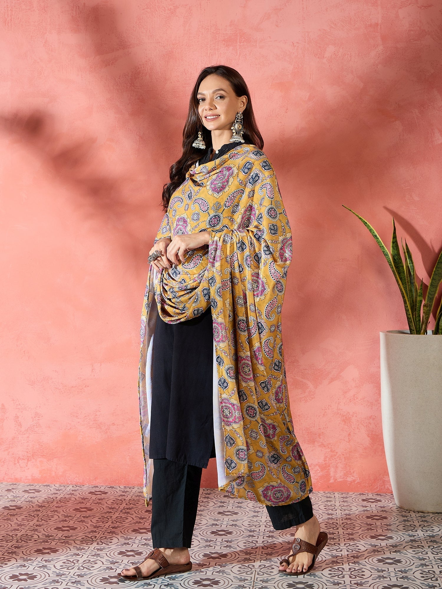 InWeave Yellow Printed Velvet Shawl | Grocsy