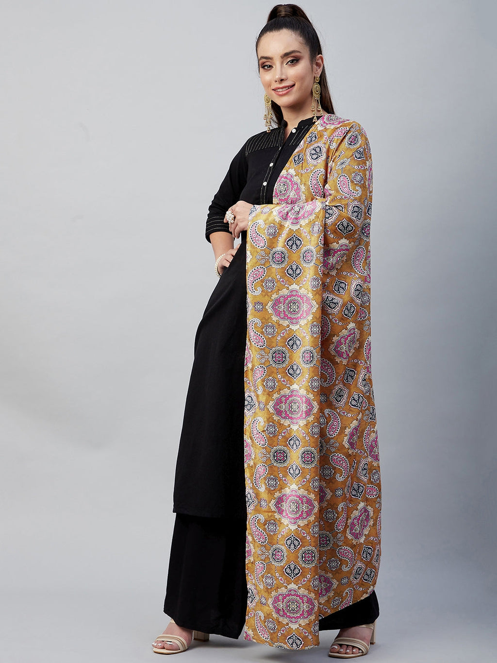 InWeave Yellow Printed Velvet Shawl | Grocsy