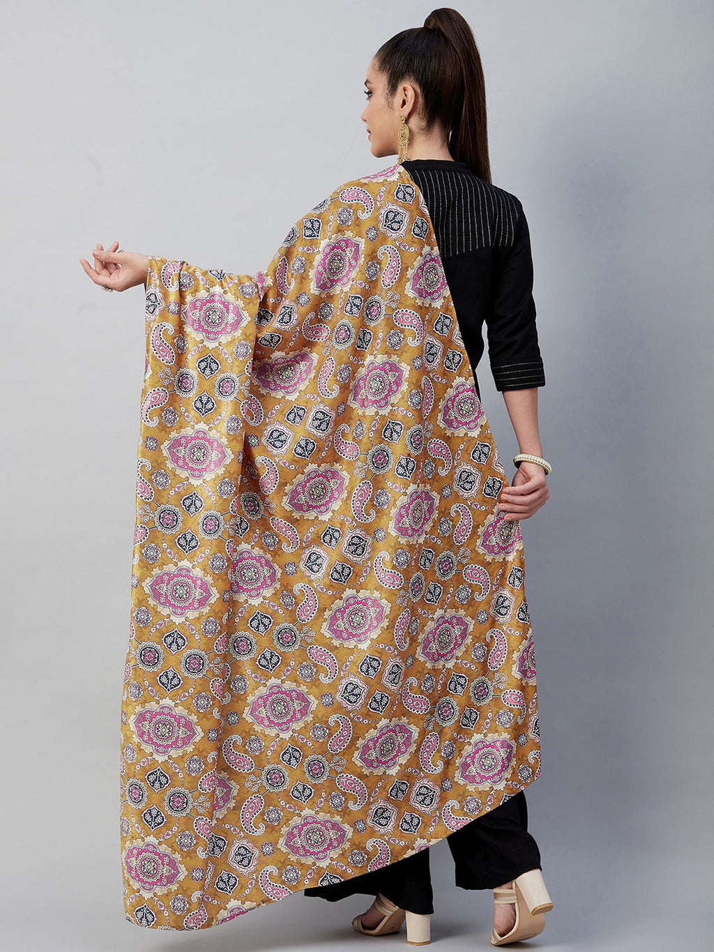 InWeave Yellow Printed Velvet Shawl | Grocsy