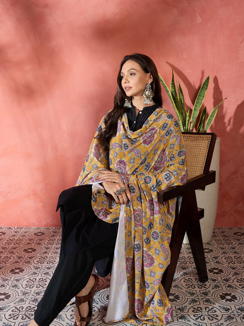 InWeave Yellow Printed Velvet Shawl | Grocsy