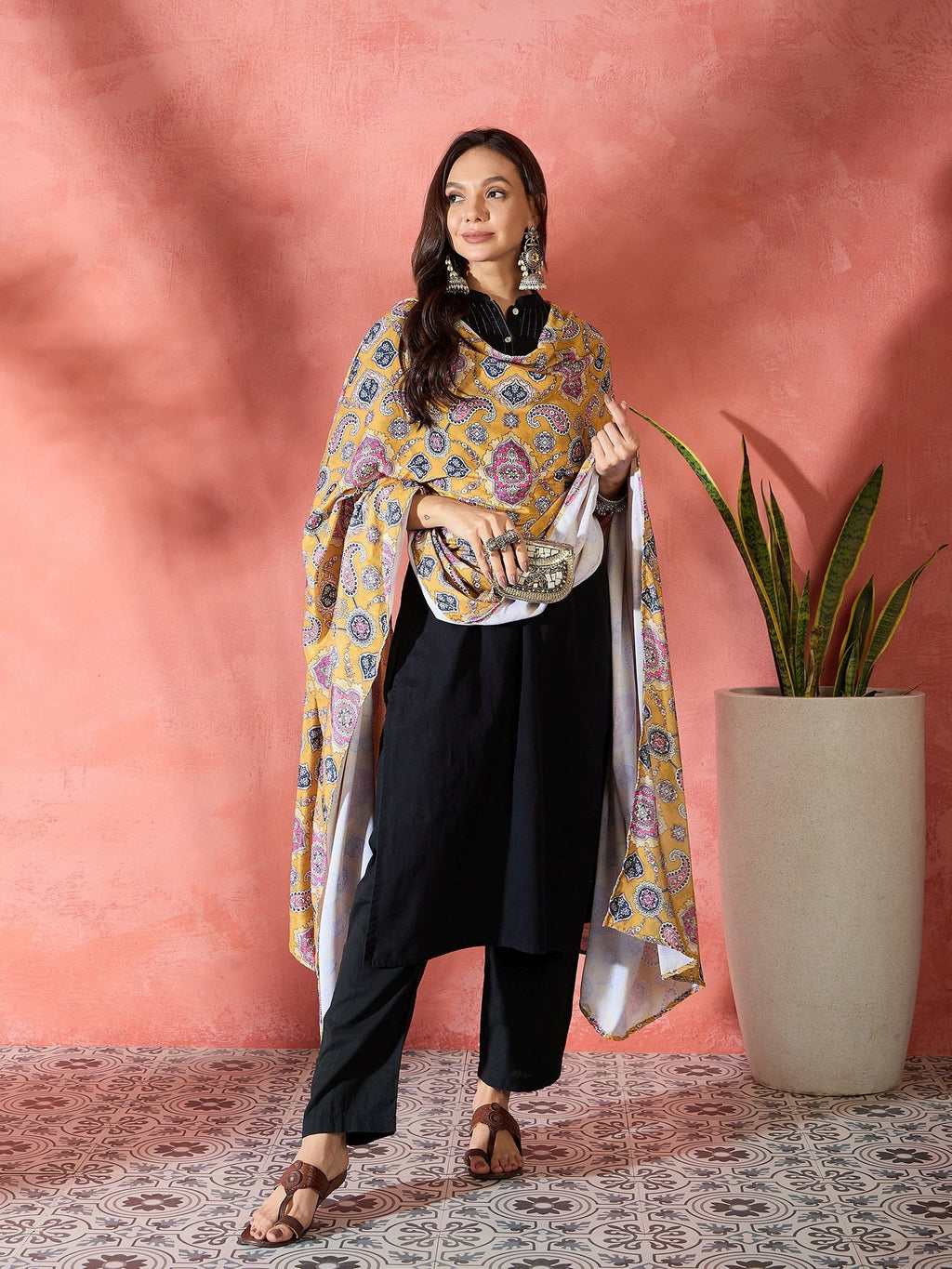 InWeave Yellow Printed Velvet Shawl | Grocsy
