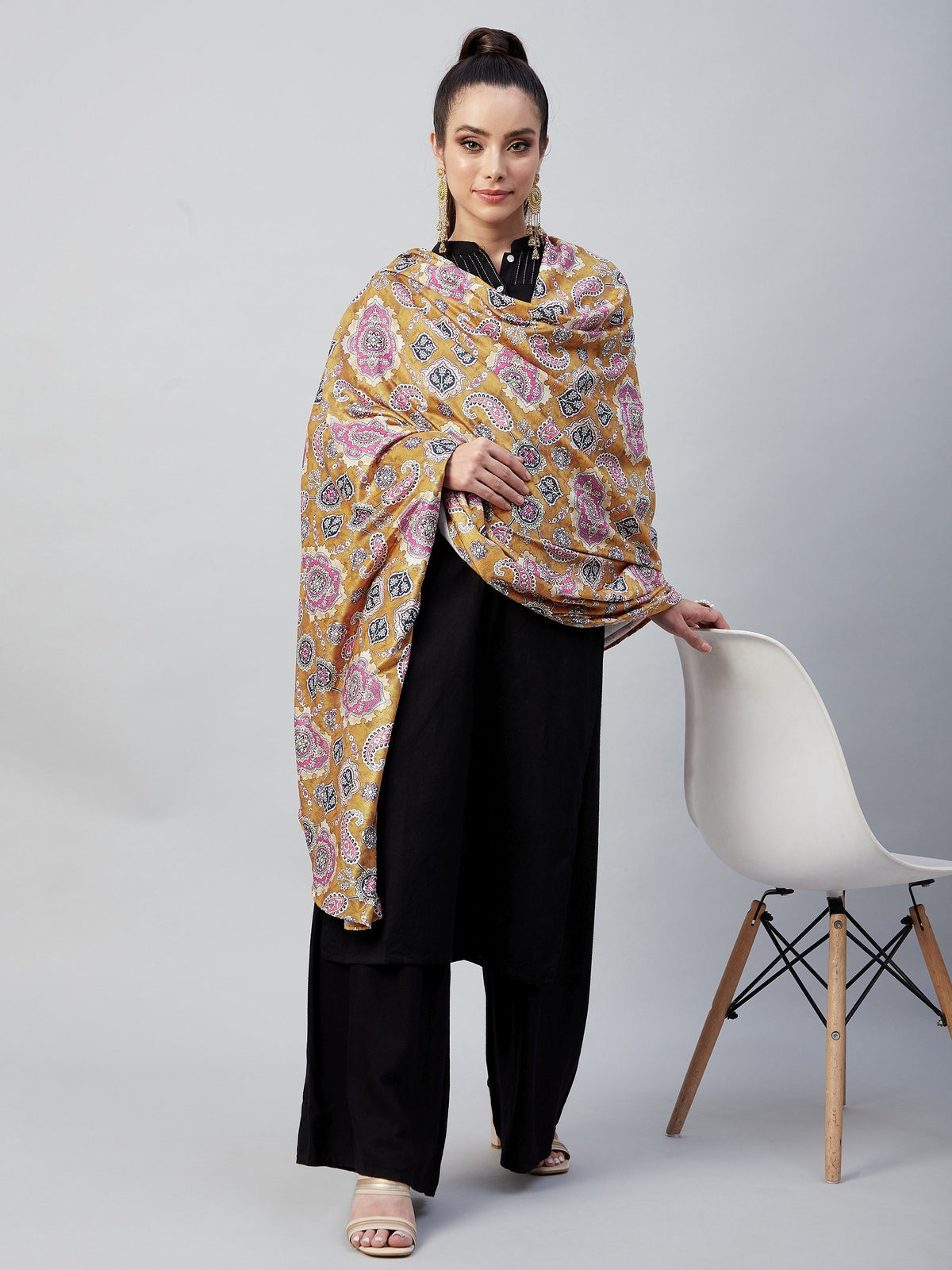 InWeave Yellow Printed Velvet Shawl | Grocsy