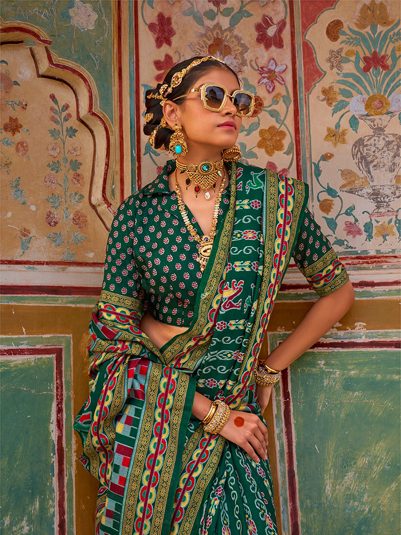 Monjolika Fashion Silk Patola Print Trendy Saree in Dark Green | Grocsy
