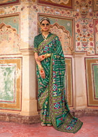 Monjolika Fashion Silk Patola Print Trendy Saree in Dark Green | Grocsy