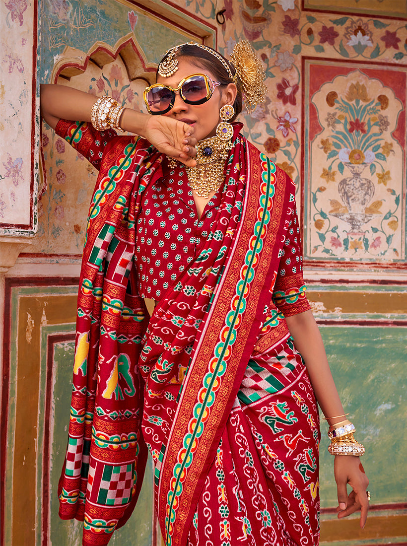 Monjolika Fashion Silk Patola Print Trendy Saree in Dark Red | Grocsy