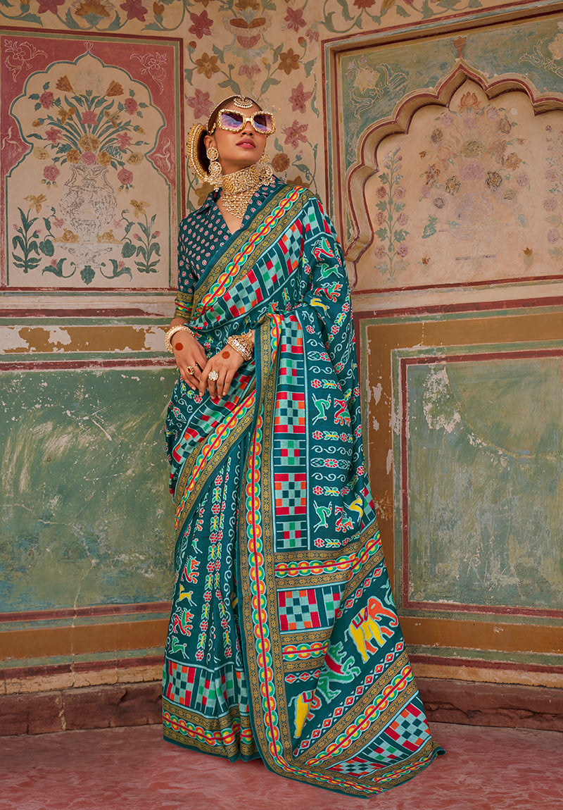 Monjolika Fashion Silk Patola Print Trendy Saree in Teal | Grocsy