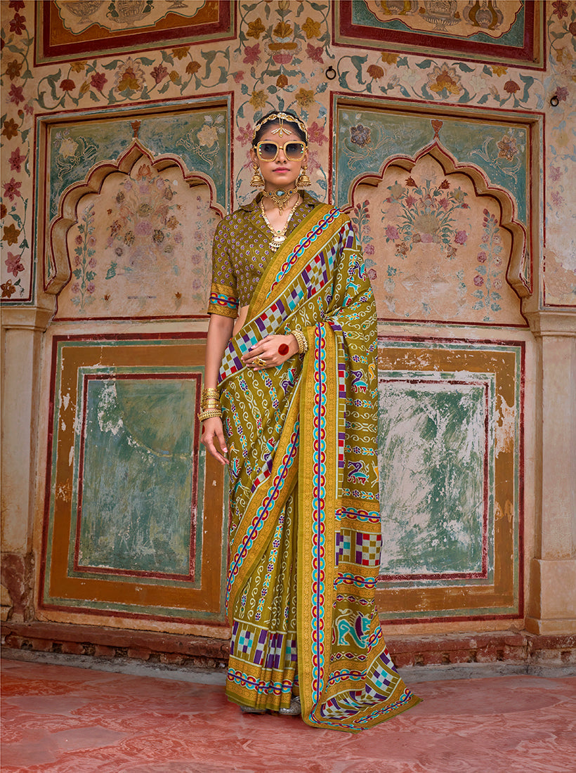 Monjolika Fashion Silk Patola Print Trendy Saree in Olive | Grocsy