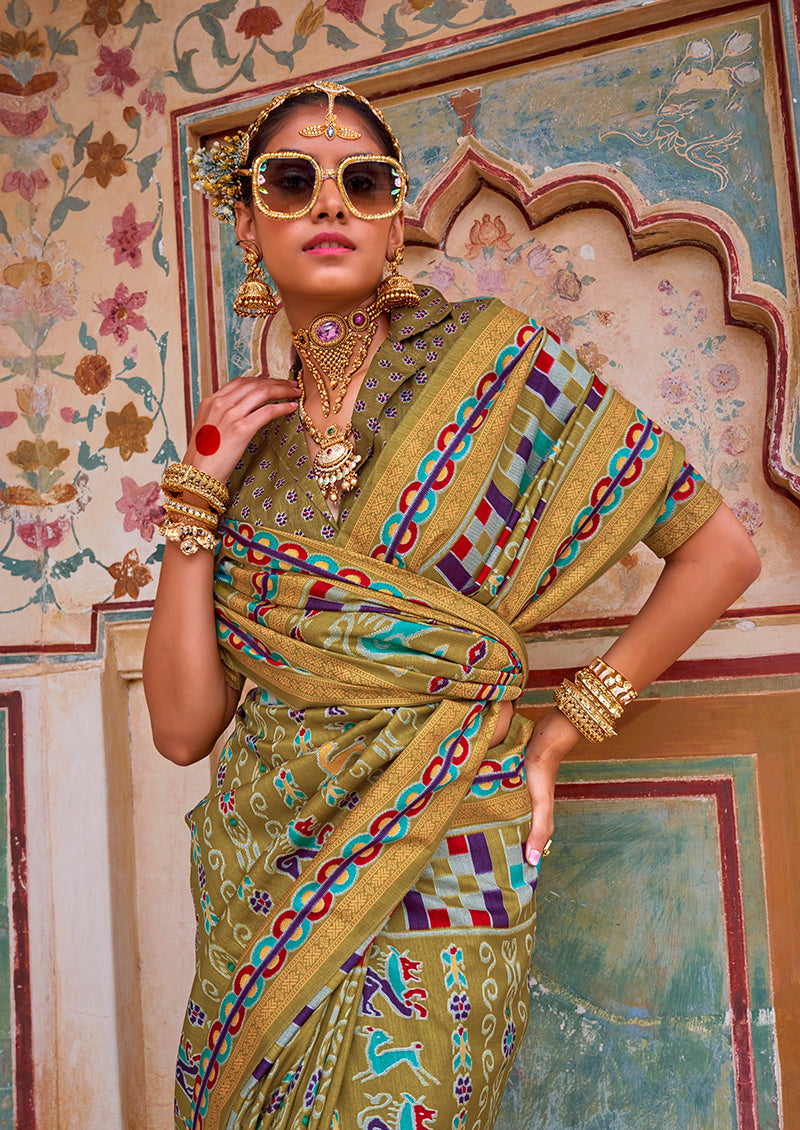 Monjolika Fashion Silk Patola Print Trendy Saree in Olive | Grocsy
