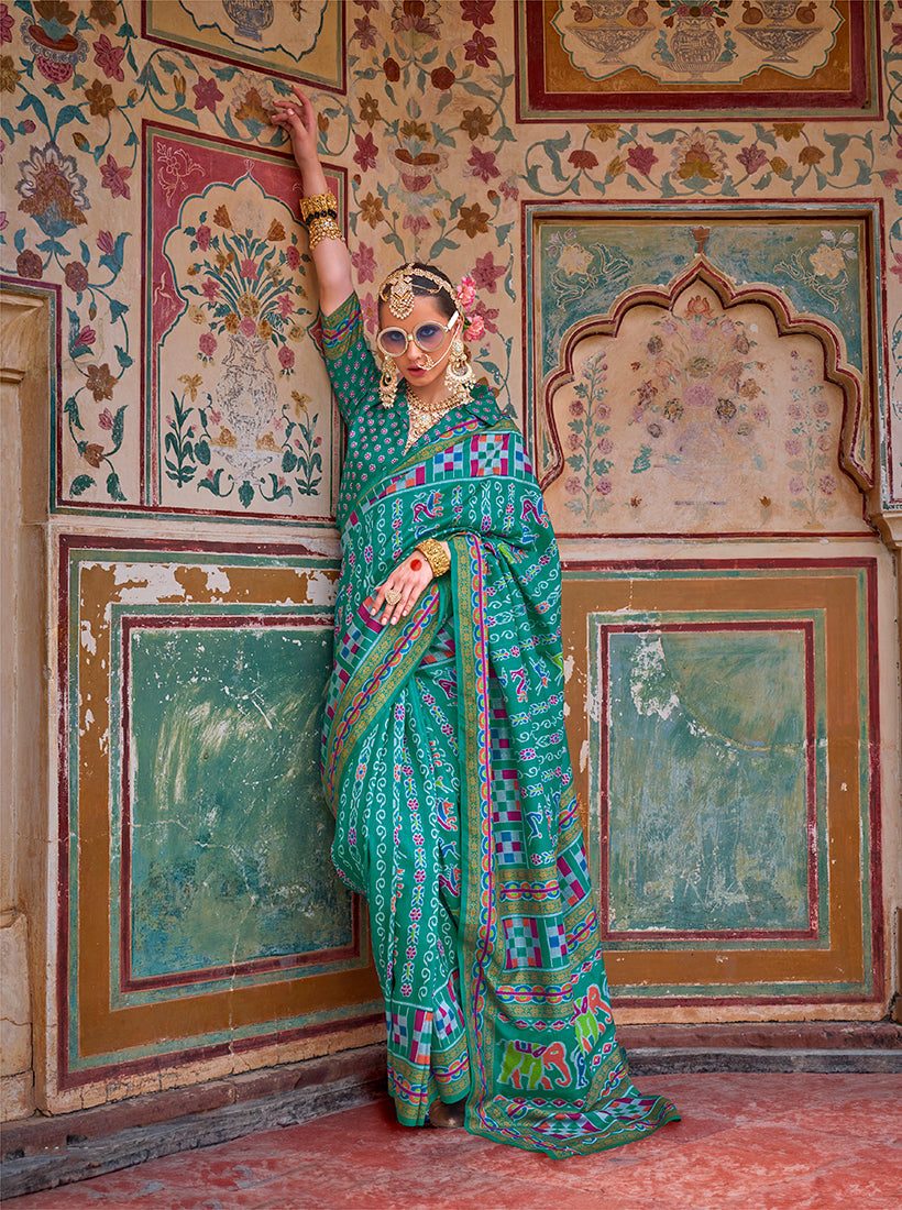 Monjolika Fashion Silk Patola Print Trendy Saree in Teal | Grocsy