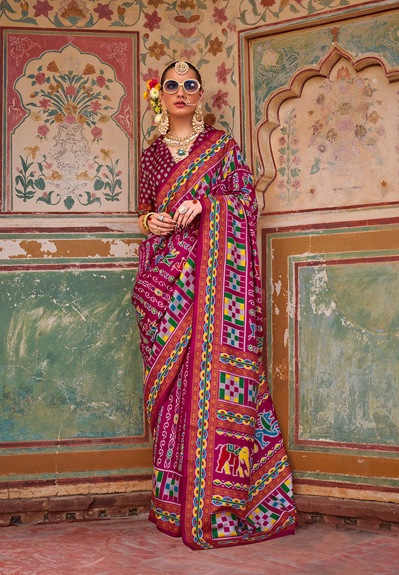 Monjolika Fashion Silk Patola Print Trendy Saree in Burgundy | Grocsy