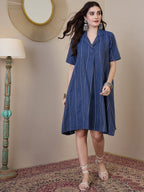 InWeave Indigo Stripe Kantha Collar Dress | Grocsy
