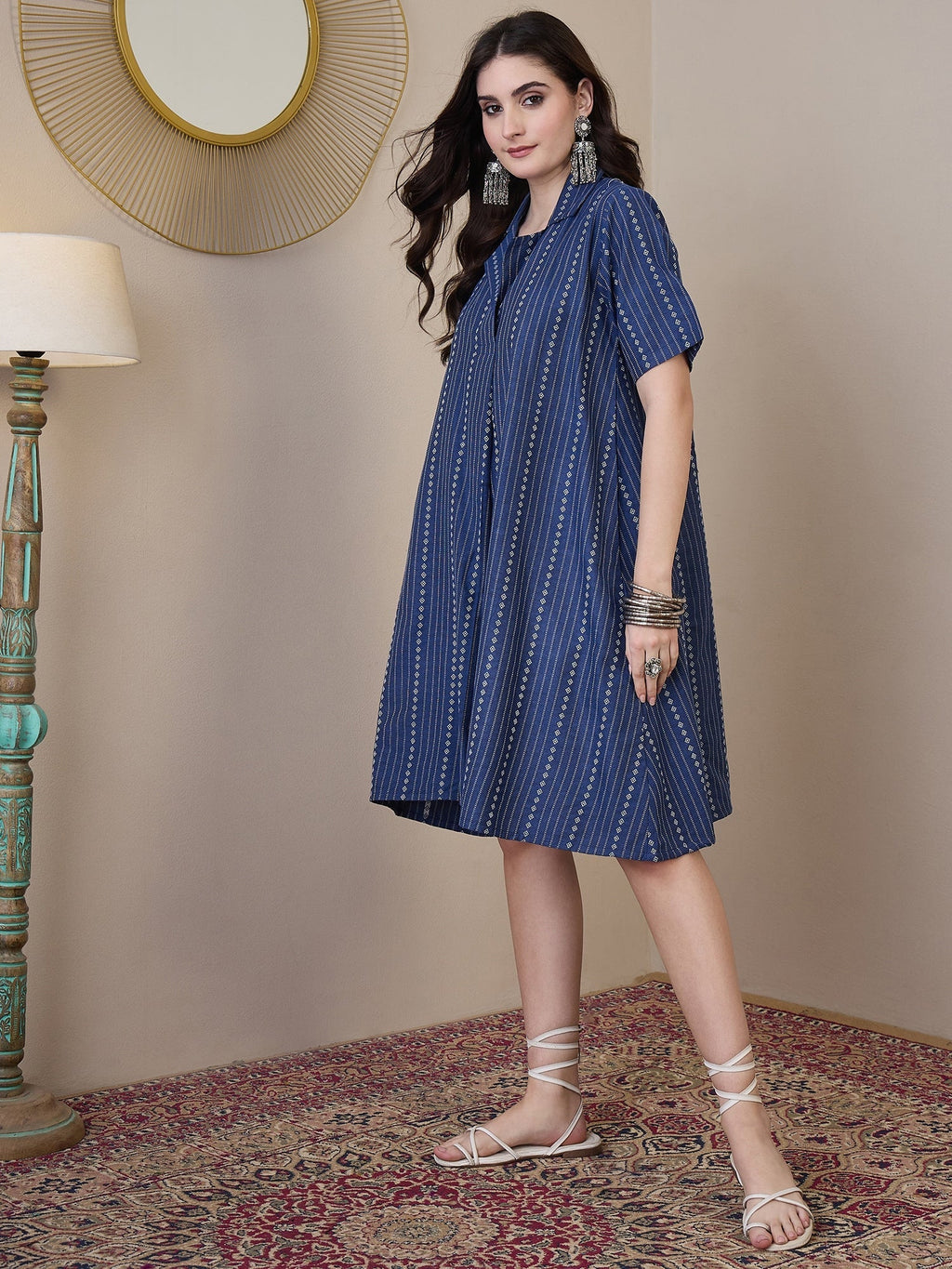 InWeave Indigo Stripe Kantha Collar Dress | Grocsy