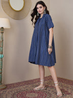 InWeave Indigo Stripe Kantha Collar Dress | Grocsy